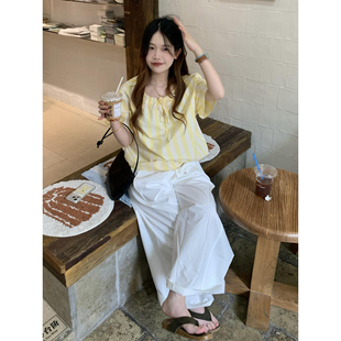自制小个子日系奶油黄色条纹短袖衬衫女夏宽松系带圆领设计感上衣