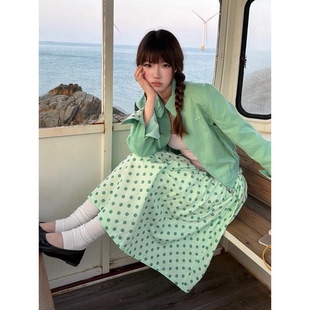 日系小清新薄荷绿色波点花边半身裙女小众设计感文艺遮胯中长伞裙