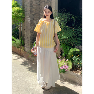 日系学院风黄白竖条纹短袖衬衫女韩版甜美宽松系带圆领套头上衣夏