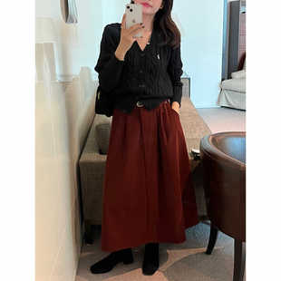 自制高级感安可拉红半身裙女秋小个子学生过膝红棕色灯芯绒a字裙