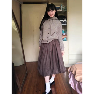 自制日系复古焦糖色麂皮绒半身中裙女秋冬小个子学生蓬蓬裙花苞裙