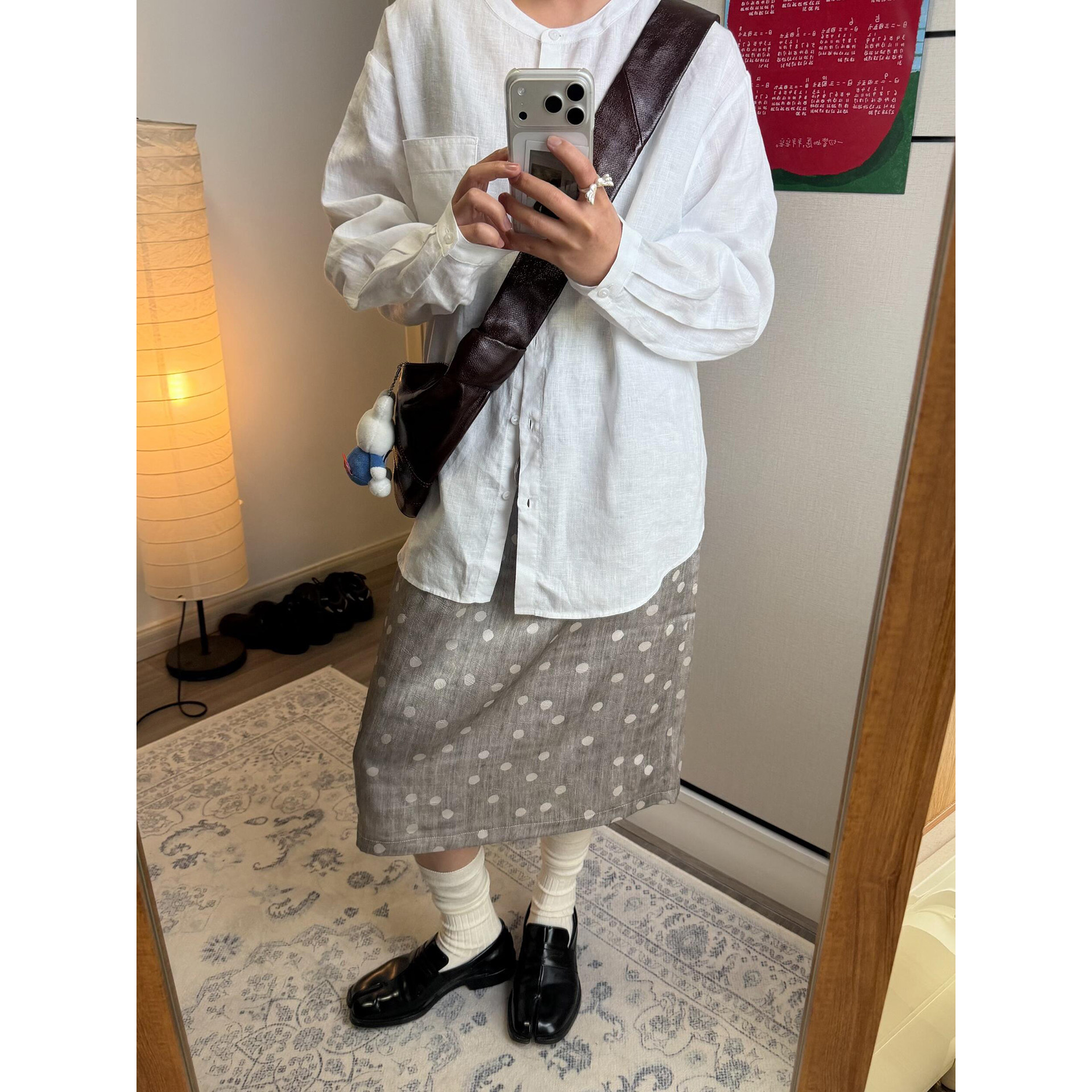 日系复古银灰色波点印花半身裙女夏简约学生显瘦高腰百搭直筒中裙