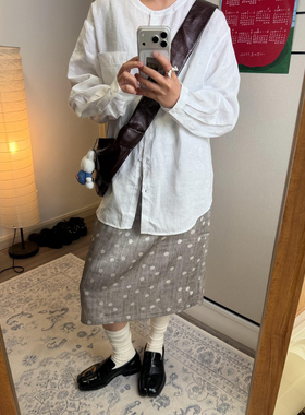 日系复古银灰色波点印花半身裙女夏简约学生显瘦高腰百搭直筒中裙