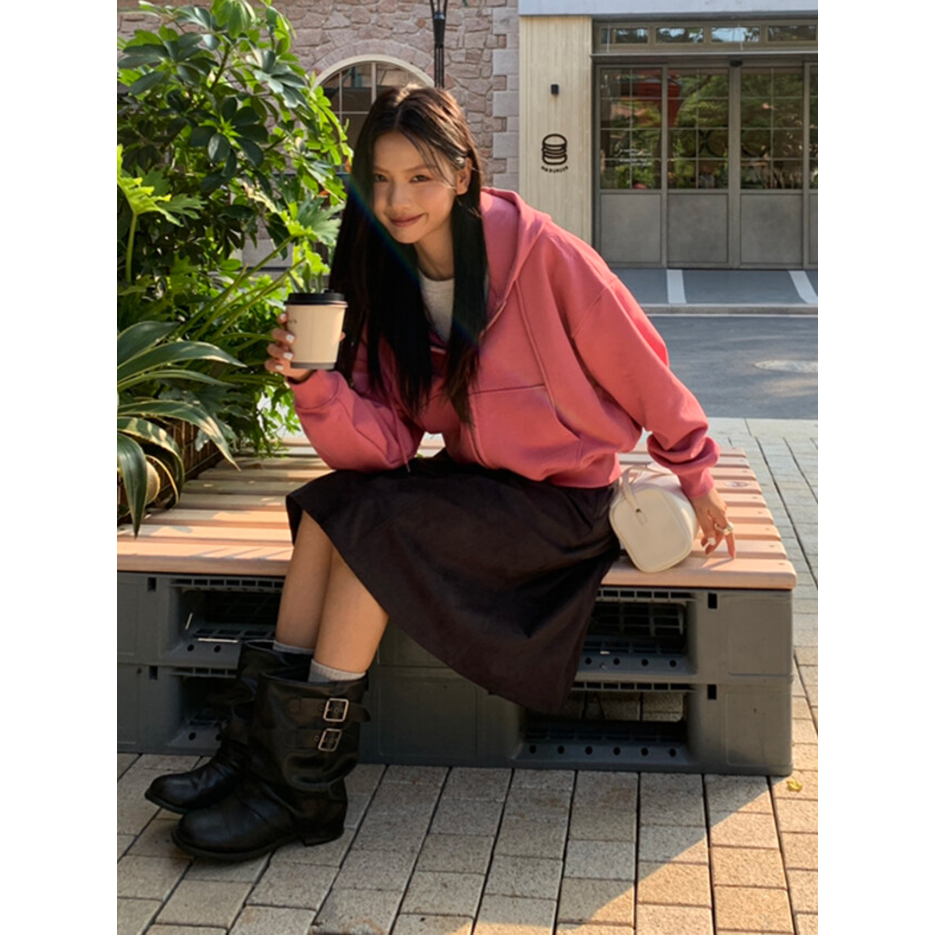 日系梅子色长袖连帽卫衣女秋