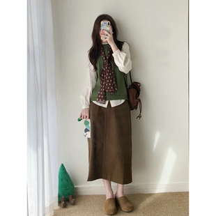 自制日系工装 风咖啡色加厚直筒裙女秋冬设计感文艺棕色开叉半身裙