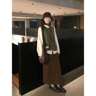 自制日系美拉德风咖啡色半身裙女秋学生文艺高腰A字灯芯绒中长裙