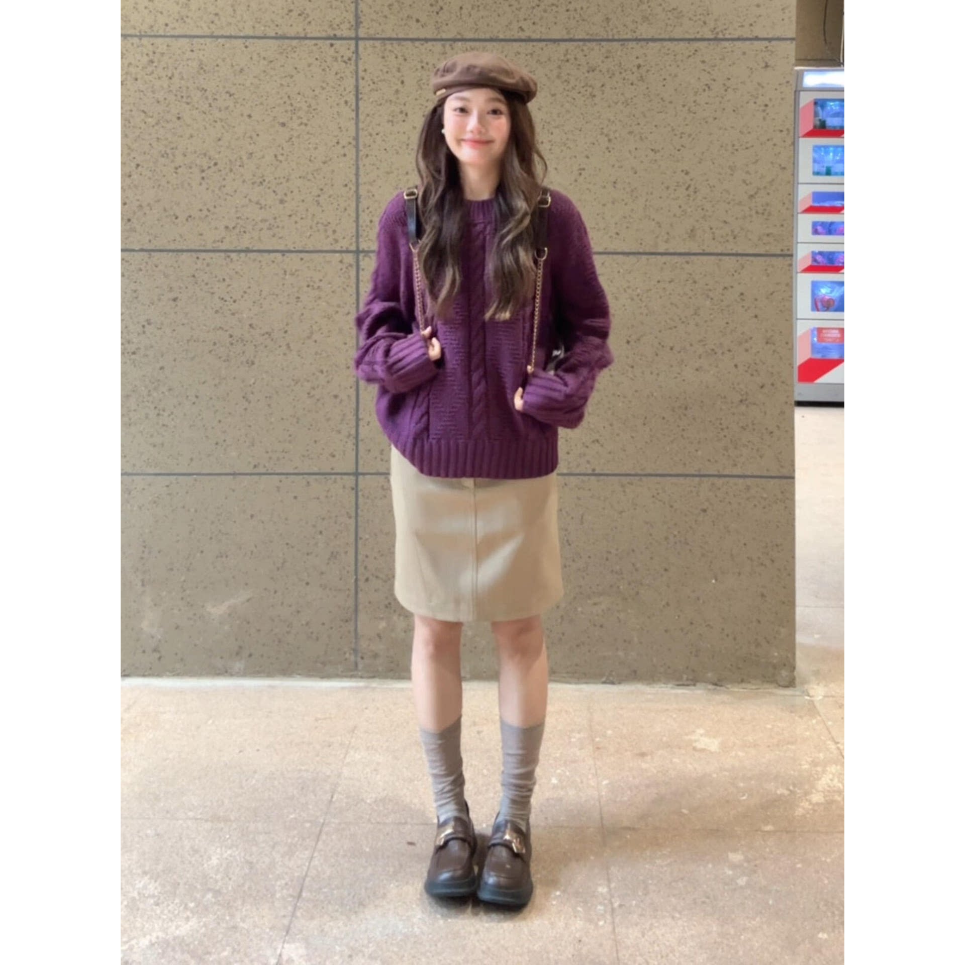 日系温柔风葡萄紫麻花套头毛衣外套女秋冬复古宽松长袖加厚针织衫