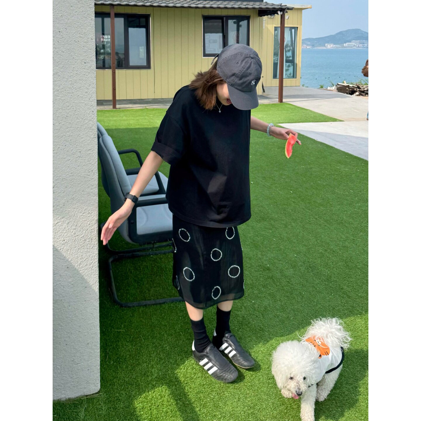 自制小众设计感钉钻立体装饰半身裙女夏学生高腰修身波点直筒长裙