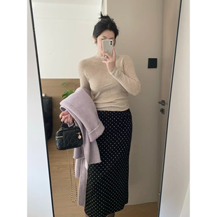 自制甜美日系黑色波点中长款直筒裙秋冬高级感复古开叉毛呢半身裙