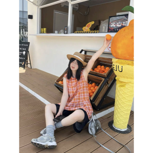 自制日系甜美橘色格纹衬衫 背心格子上衣 女夏可爱叠穿感中长款 无袖