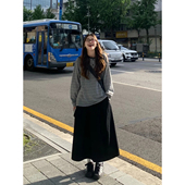 自制日系工装 风黑色中长裙女秋学院风宽松纯色简约高腰a字半身裙