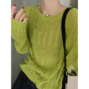 自制日系甜美果绿色圆领毛衣女秋温柔慵懒风宽松小众薄款针织罩衫