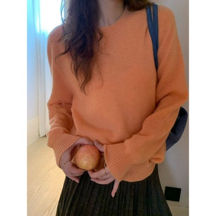 日系温柔风南瓜色宽松圆领套头毛衣女秋冬甜美纯色长袖橘色针织衫