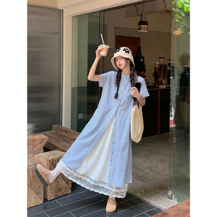 日系蓝白格子短袖连衣裙女夏慵懒风宽松复古文艺叠穿圆领衬衫长裙