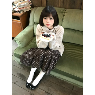 日系甜美少女感巧克力棕波点半身裙秋冬学院风高腰拼接中裙蛋糕裙