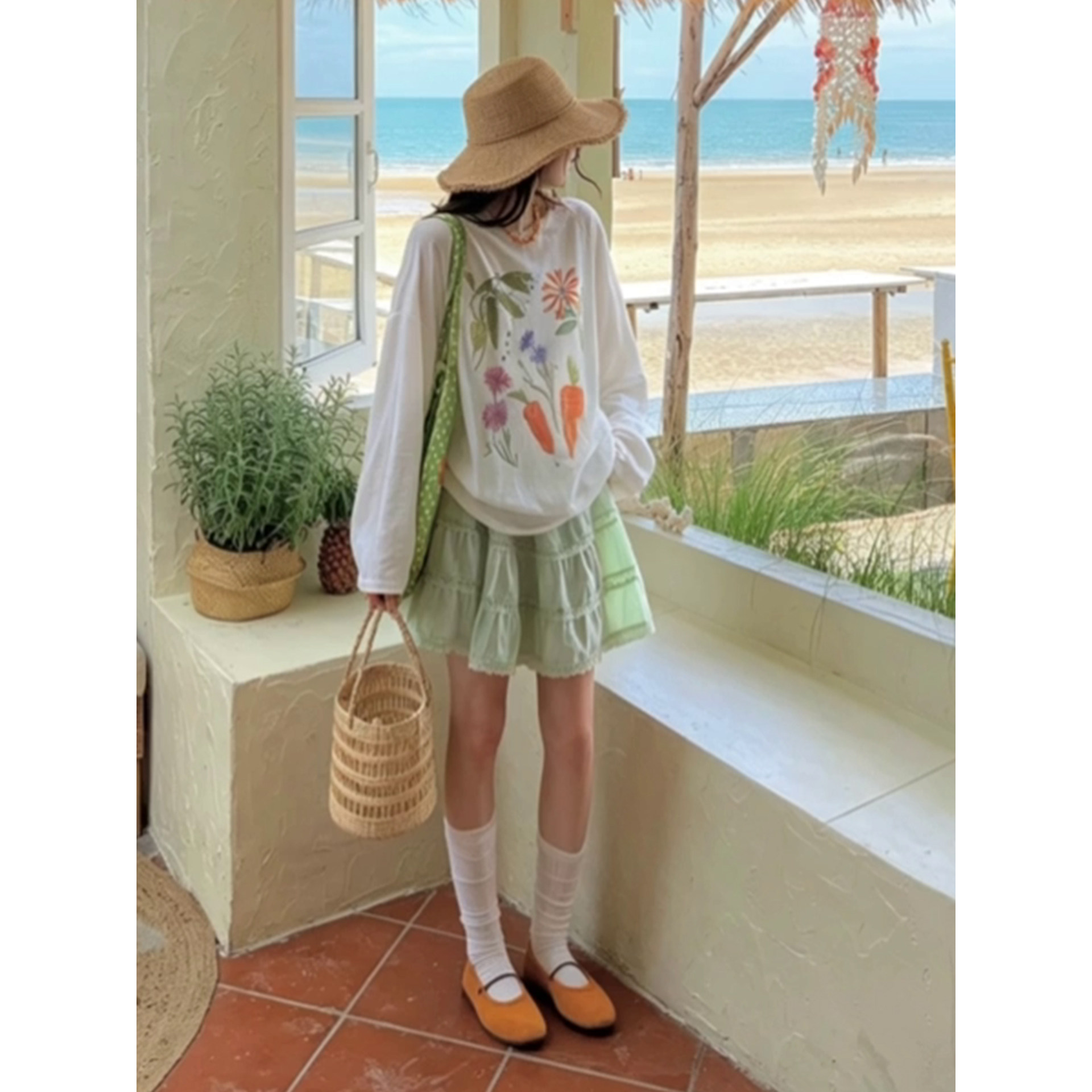 日系小个子薄荷绿色蕾丝高腰半身短裙女文艺甜美松紧腰显瘦蛋糕裙