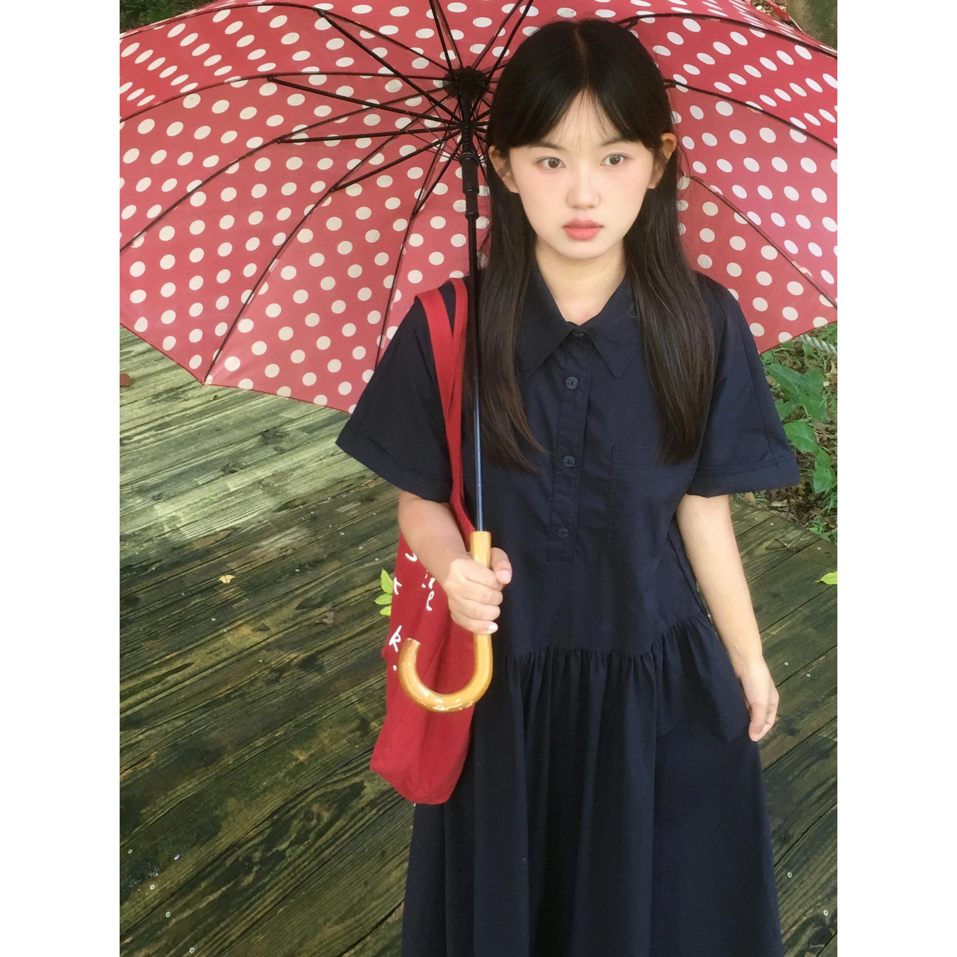 日系学院风藏青色短袖连衣裙女春夏复古宽松套头拼接Polo领娃娃裙