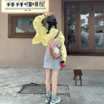 甜美奶油黄日系连帽拉链卫衣女