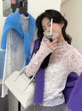 自制日系堆堆领紫色碎花长袖T恤女秋修身高领打底衫上衣毛衣内搭