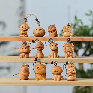 崖柏十二生肖卡通木质手机链包挂钥匙扣鼠牛虎兔龙蛇马羊猴鸡狗猪