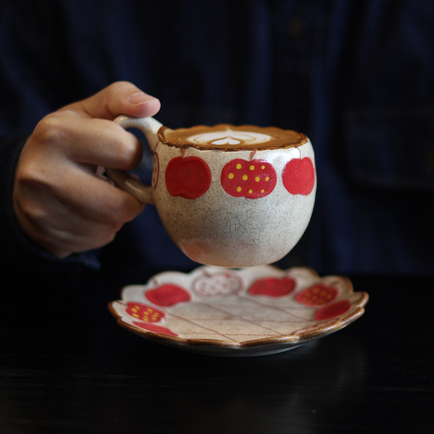 复古苹果咖啡杯陶瓷碟套装小众设计釉下彩随手杯粗陶水杯杯子