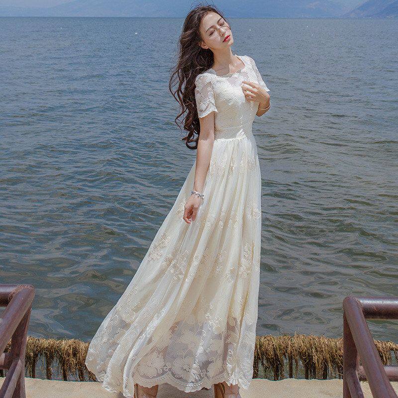 长款蕾丝连衣裙女夏季2025新款韩版气质修身显瘦高腰长裙春秋裙子
