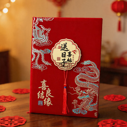 绒面酒红金葱正红庚帖送日子书