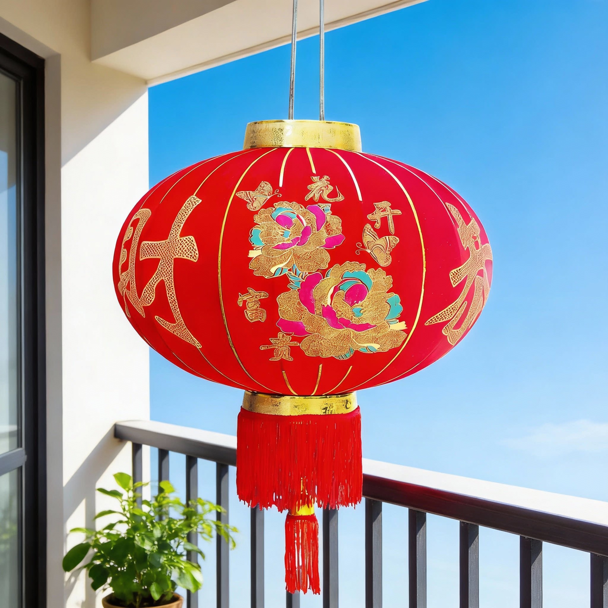 绒布灯笼春节新年大门口装饰大红灯笼带LED灯带家用阳台过年装饰