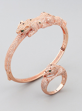 欧美风格优雅气质女式豹子手环戒指套装个性朋克设计豹形手镯