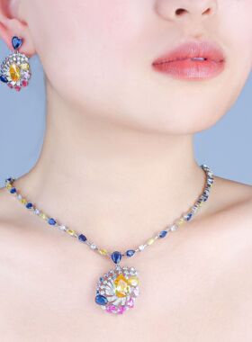 秋季新款流行气质精致饰品彩色奢华质感简约时尚女士项链耳环套装