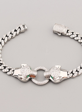 初秋新品hip hop风格8inch豹头古巴链嘻哈双头豹子手链男女饰品