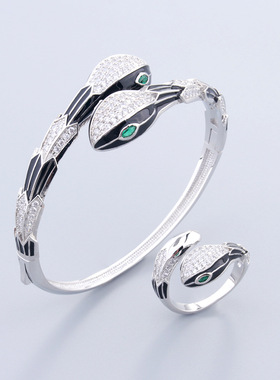 跨境灵蛇手镯戒指套装个性时尚斑纹绿眼蛇形手饰欧美