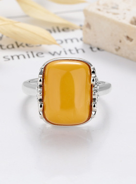 S925纯银蜜蜡琥珀戒指女复古做旧祥云指环食指戒扳指可调节