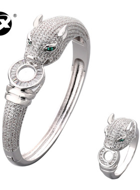 欧美复古铜镀金镶钻豹子手环戒指套装男女式霸气手饰跨境