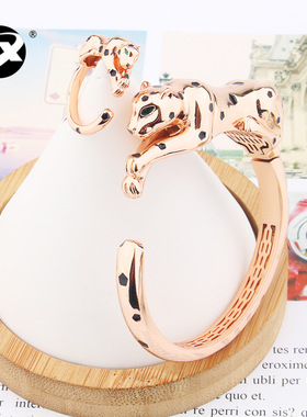 欧美时尚创意霸气开口斑点豹子手镯戒指套装光身滴胶个性流行饰品