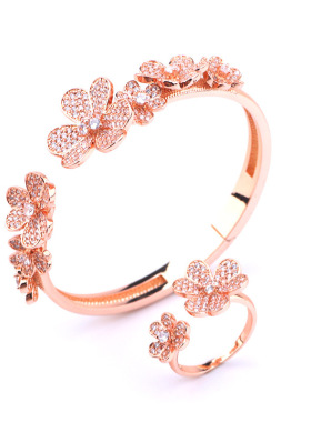 时尚满镶锆石三叶花手镯小清新开口手环戒指套装女轻奢气质手饰