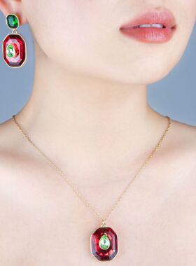 欧美新款简约几何彩色项链镀金耳环镶水晶高级感小众设计感套链