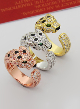 亚金饰品 满钻绿钻眼睛豹子开口戒指 情侣豹头满钻戒指 花豹