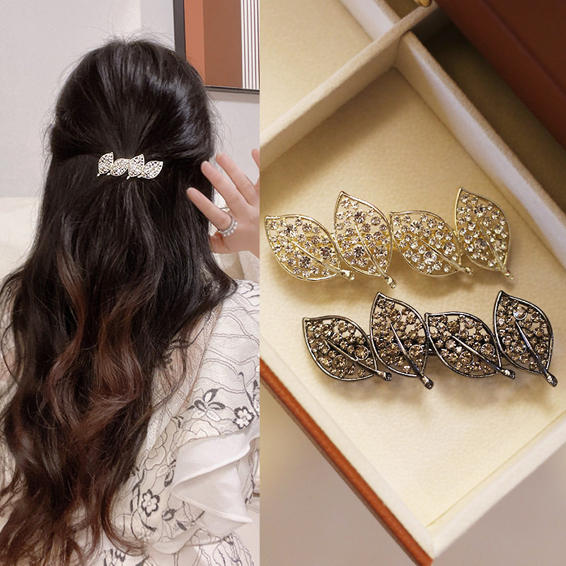 新款水钻树叶小发夹子 碎发侧边头饰森系边弹簧夹头发饰品