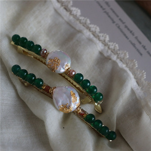 【宋制】设计感复古小珠花贴金箔描绘淡水珍珠绿玉髓发夹弹簧顶夹