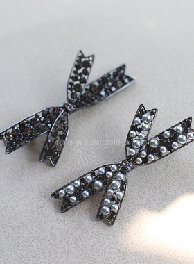 黑色蝴蝶结水钻发夹女精致一字侧边夹刘海夹子高级感发卡小众头饰