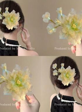 入画江南!黄色牡丹发夹!小清新烫花边夹汉服流苏头饰盘发器发饰