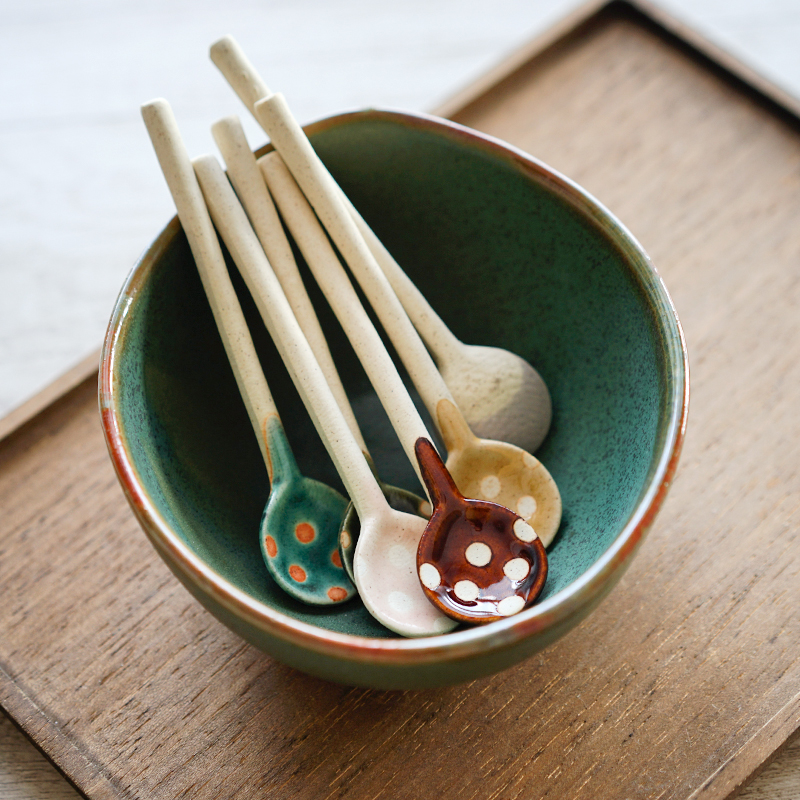 日本进口粗陶咖啡勺日式复古风小圆勺粗陶手柄精美手作汤匙调羹