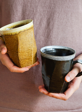 西田木雨 岩浆马克杯 进口创意窑变手作耳杯不规则面取粗陶杯子