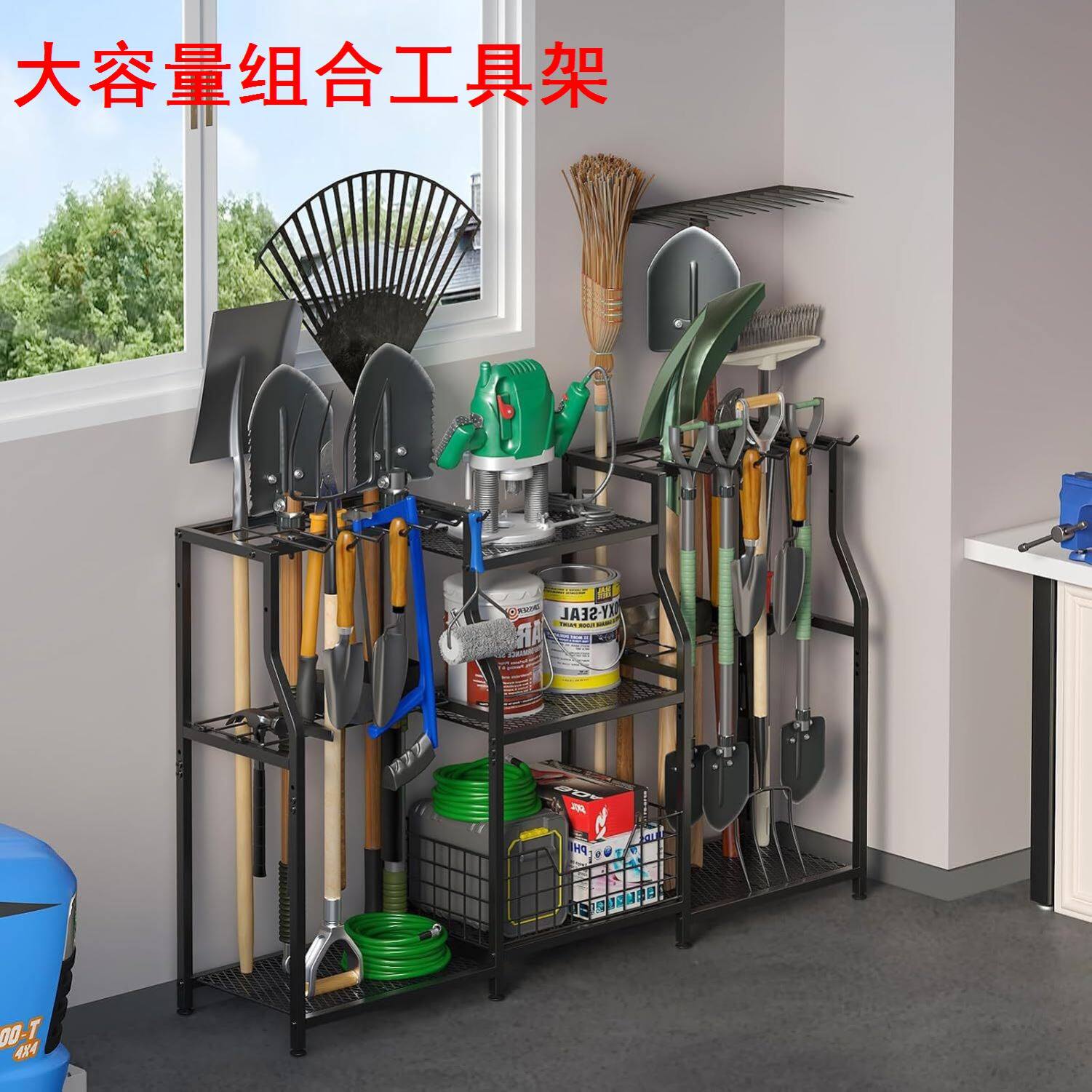 园林庭院清洁用具收纳架三层铁艺带轮花园移动农用工具收纳置物架
