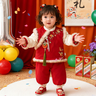 周岁女宝礼服冬装中国风套装拜年服儿童女童女宝宝抓周生日宴衣服