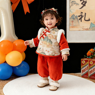 周岁女宝礼服新中式小公主女童女宝宝冬装唐装套装生日抓周宴衣服