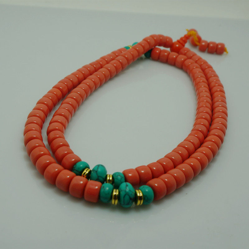 108颗藏式小桶珠粉橘红琉璃佛珠