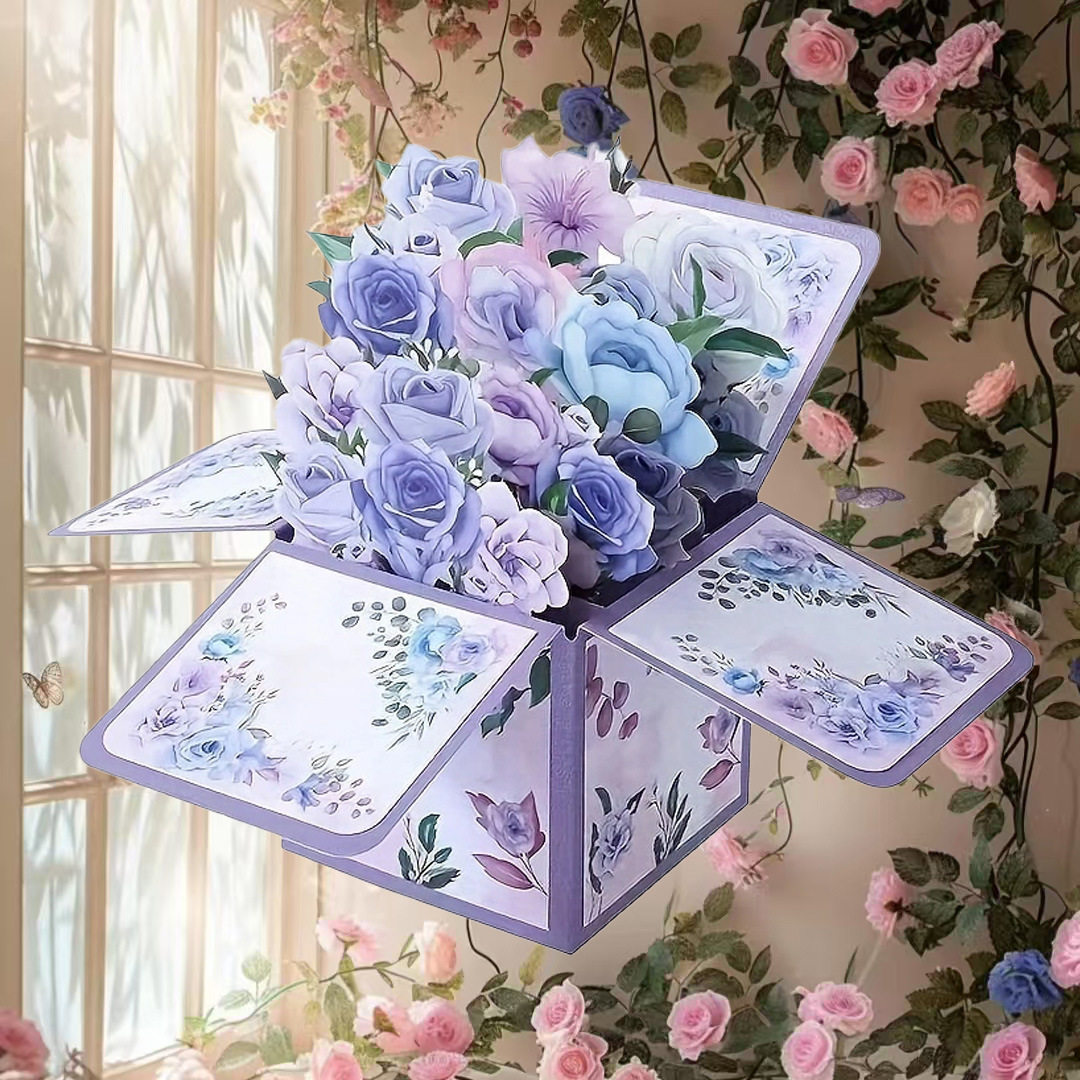 新款3d立体贺卡教师节紫色花朵生日贺卡七夕节感恩祝福卡