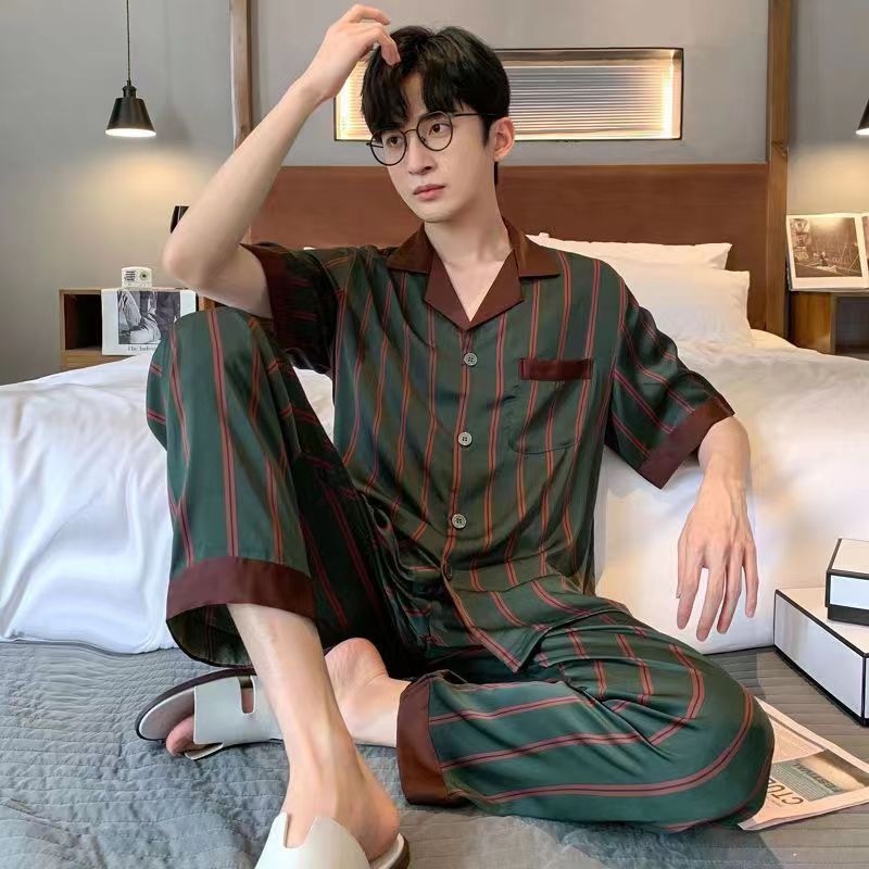 翻领潮汕睡衣男士春秋季冰丝绸短袖薄款丝绸夏天空调房家居服套装